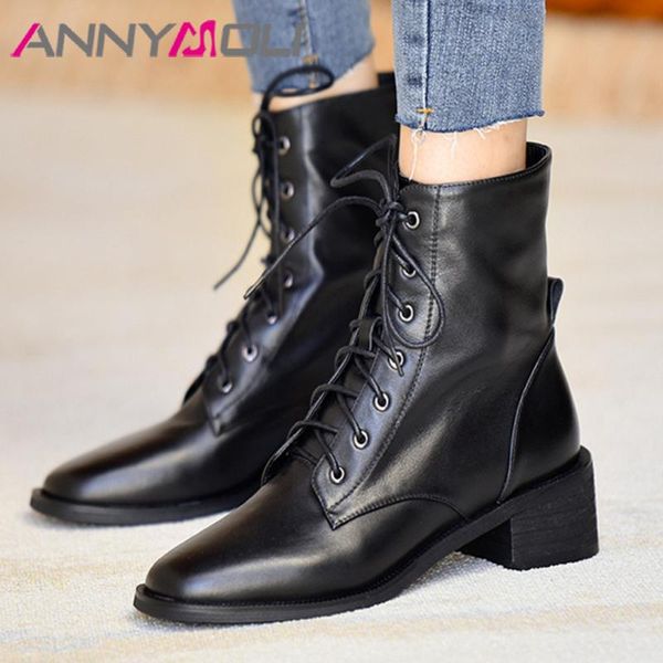 

boots annymoli real leather mid heel ankle short women shoes square toe chunky heels lace up lady autumn black brown