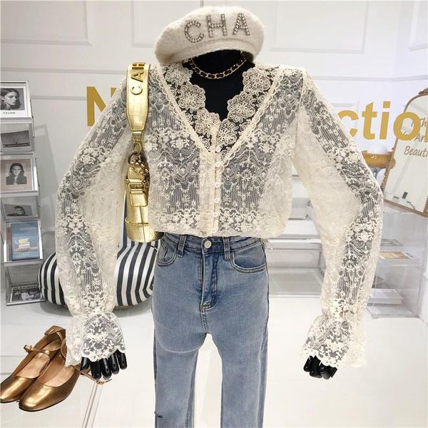 

french see through v-neck cardigan women's lace puff sleeve long-sleeved thin & club shirts women 2021 blouse, White