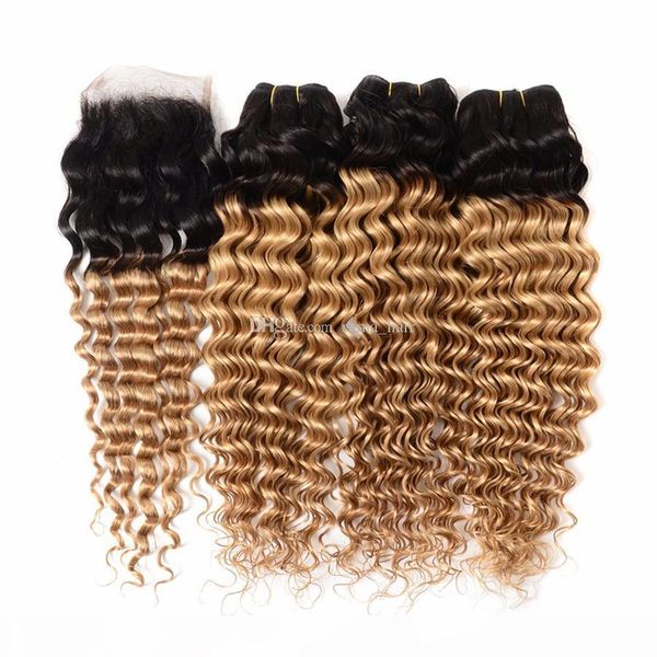 

ombre brazilian hair deep wave 3 bundles with swiss lace closure 2 tone ombre blonde color 1b 27 100% brazilian remy human hair, Black;brown