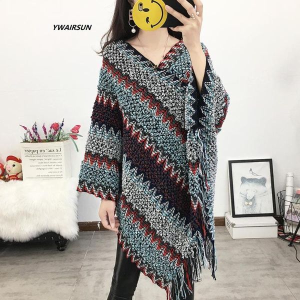

ywairsun spring and autumn models cloak shawl national wind tassel knit large size loose blouse cloak lady shawls luxury, Blue;gray