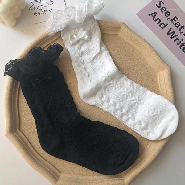 

sweet cotton socks women lolita white lace socks girls bowknot female elastic streetwear calcetines1, Black;white