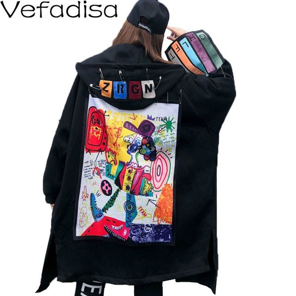 

vefadisa patch graffiti print women overcoat 2020 autumn winter pin decoration hoodie coat plus size women coat black qyf3348 1031, Tan;black