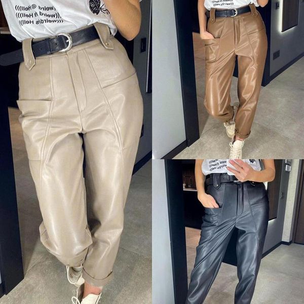 

women fashion high waist pockets faux leather pencil pants trousers streetwear, Black;white