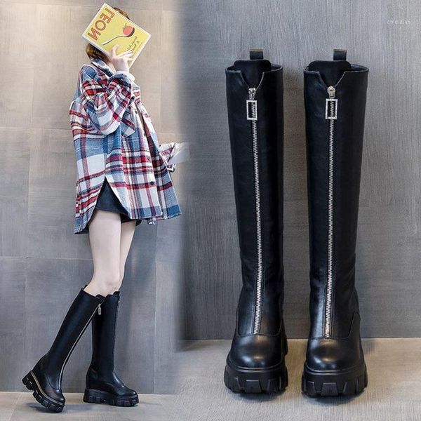 

woman knee boots long tube black thick bottom front zipper texture pu leather boots female fashion trendy non-slip casual1