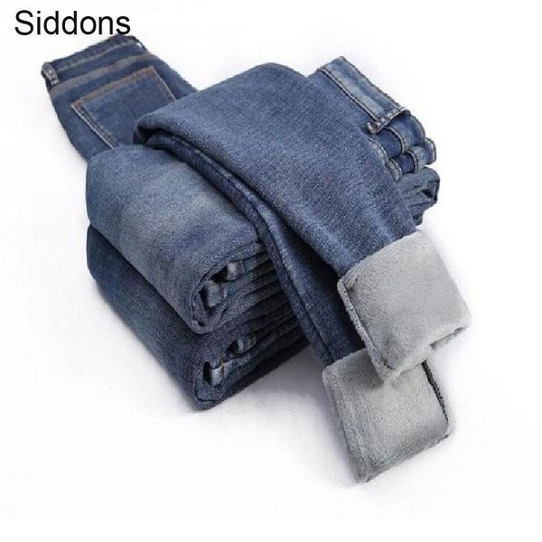 

winter thick plus velvet women high waist skinny jeans pants simple fleece warm slim fit stretch lady casual denim pencil pants, Blue