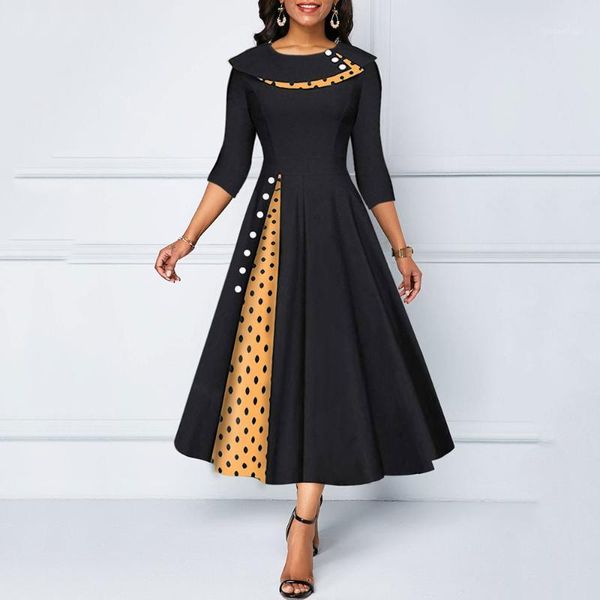 

polka dot print midi dress party dress robe a line vestidos plus size half sleeve vintage black women long high waist1, Black;gray