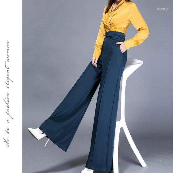 

office lady drape acetate satin wide leg pants women's fashion autumn spring high waist metal design loose long floor trousers1, Black;white