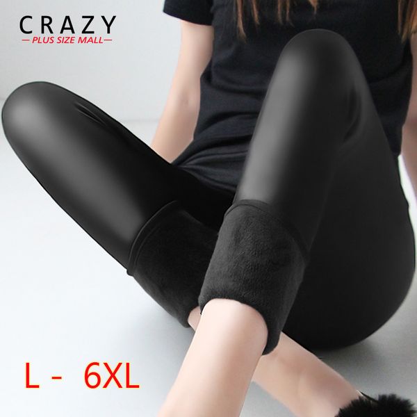 

new women winter plus size pu leggings l- 6xl super elastic high waist slim pants thickening faux leather leggings 201202, Black