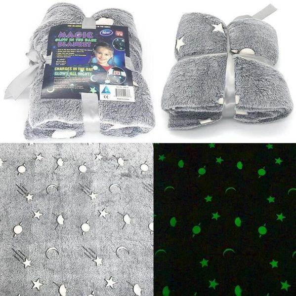 Cobertores magia brilhar o escuro velo cinza estrelas / lua peluche peludo lançar cobertor quente