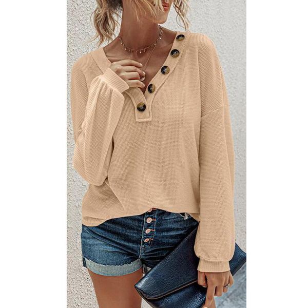 

ladies autumn button v-neck knit blouse women casual solid elegant long sleeve loose pullover am2171, White