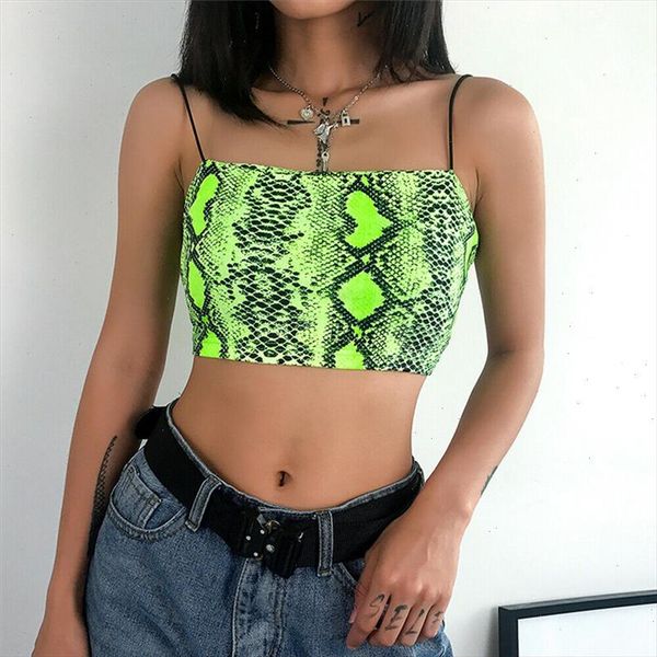 

snake print spaghetti strap crop tank summer harajuku fashion slash neck camis women neon green streetwear mujer, White