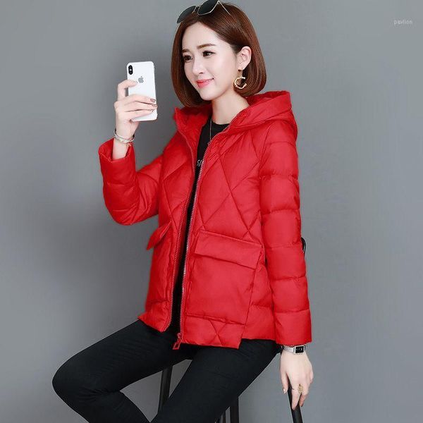 

2021 new winter middle age women korean loose solid coats cotton padded jacket female warm hooded short oversized parkas z601, Black