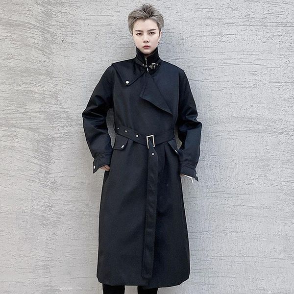 

men's trench coats belt 3/4 long loose casual coat male streetwear punk gothic vintage overcoat jacket cardigan windbreaker, Tan;black