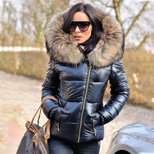 

women's down women zipper jacket coat jacket winter hooded thick cotton padded fur casual slim black coat broadcloth 201110