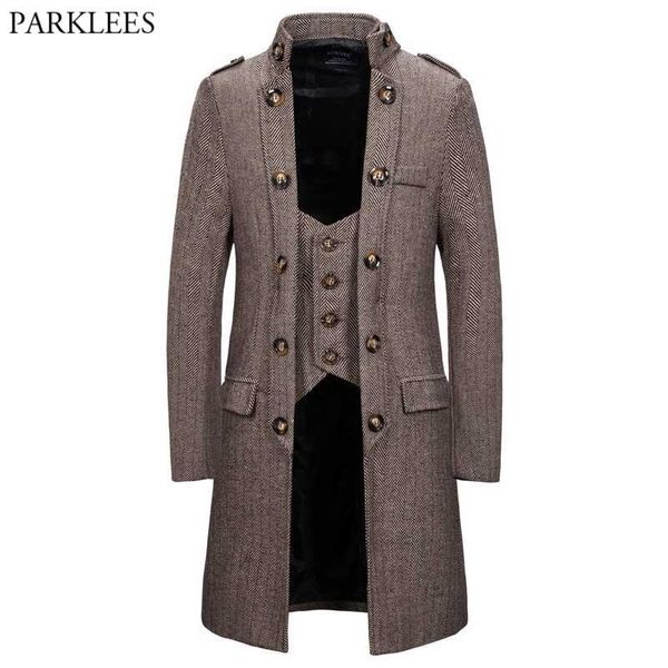 

men's trench coats double breasted herringbone tweed wool blend long coat fake two piece stand collar formal business windbreaker 2xl, Tan;black