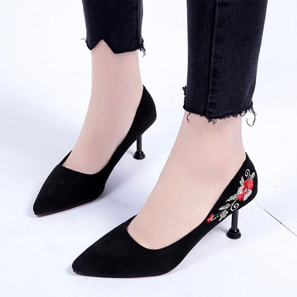 

plus size 34-43 women dress shoes high heels embroider woman shoes pointed toe pumps office ladies zapatos mujer 70l75, Black