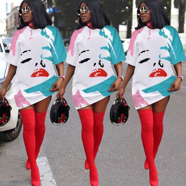 

zkyzwx loose lips print women mini fashion large party nightclub short sleeve box loose stripe shirt skirt, Blue;black