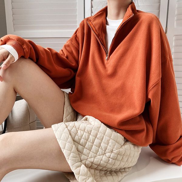 

new 2021 spring hoodie turn down collar pure color long sleeve women casual hoodies loose style clothes pullovers 0u62, Black