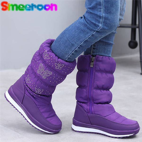

2020 new kids snow winter girls children russia warm bowtie mid calf boots princess fashion shoes, Black;grey