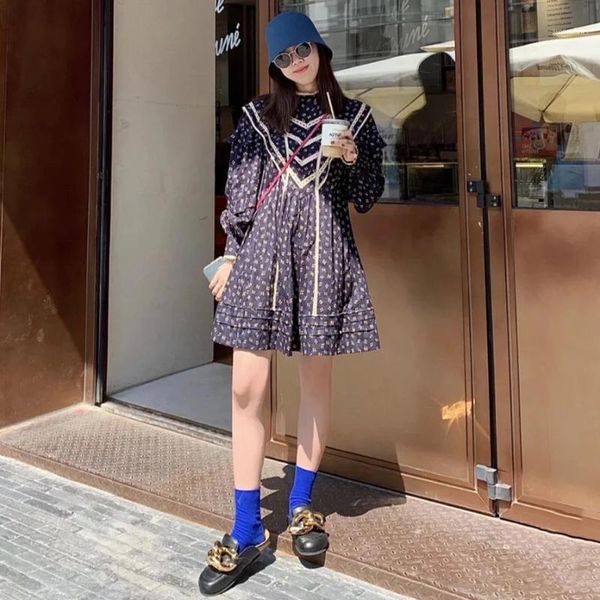 

2020 autumn and winter new french retro floral long-sleeved ruffled women's dress1, Black;gray