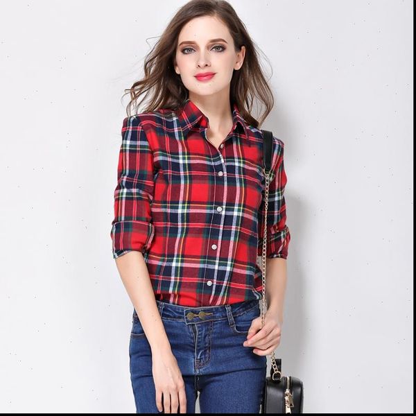 

women shirt blouses plus size 2020 new spring flannel cotton long sleeve plaid shirt casual female loose college style, White