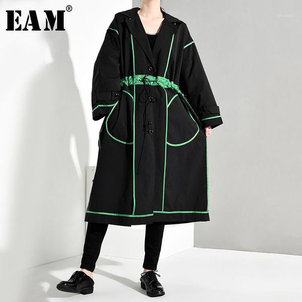 

eam] women line stitch big size drawstring trench new lapel long sleeve loose fit windbreaker fashion autumn winter 2019 1b0671, Tan;black