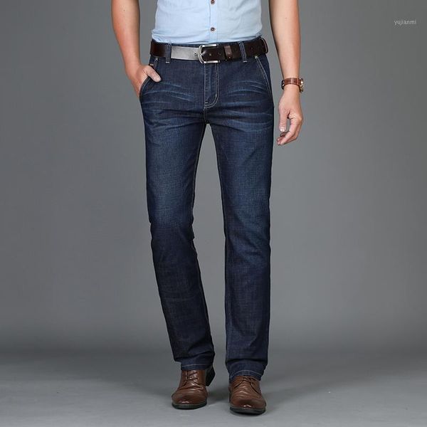 

2018 new fashion men jeans slim straight feet jeans loose waist business gentleman long dark blue trousers1