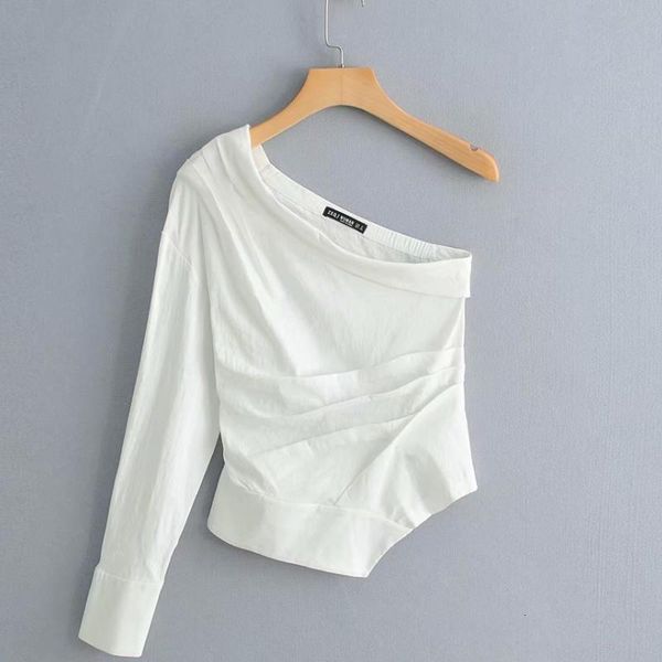 

solid new women fashion solid color one shoulder pleated shirt blouses women irregular hem white roupas femininas chemise shirt ls3222