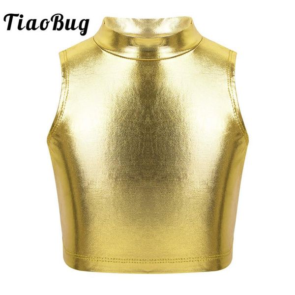 

tiaobug kids teens sleeveless turtleneck metallic ballet gymnastics crop children girls jazz performance dance wear costume, Black;red