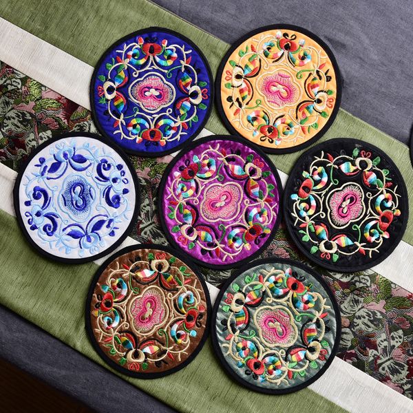 

home non-woven embroidery floral pattern ethnic coaster tribal cup teapot mat drink holder floral tableware placemat 146 g2