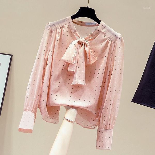 

blouse women long sleeve bow v-neck dot pink chiffon blouse shirt women blusas mujer de moda 2020 clothing blusa d9181, White