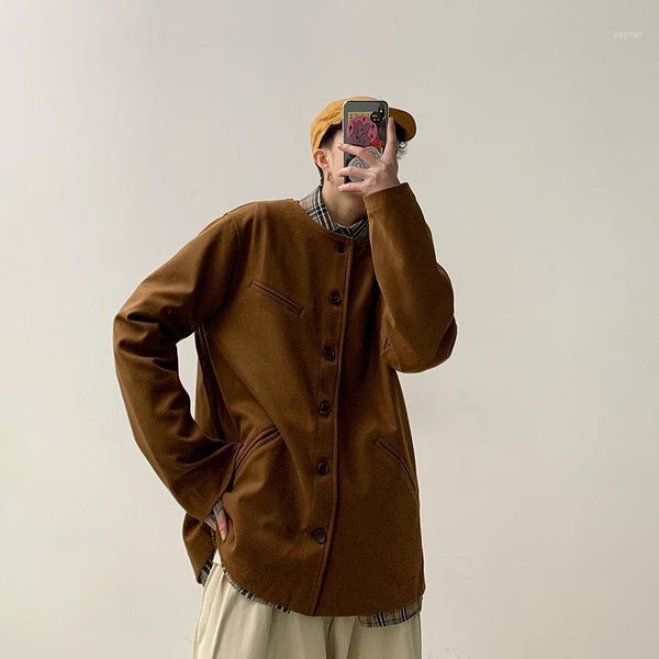 

2020 spring and autumn new youth popular couple solid color handsome collarless single-breasted jacket fashion casual loose, Black;brown