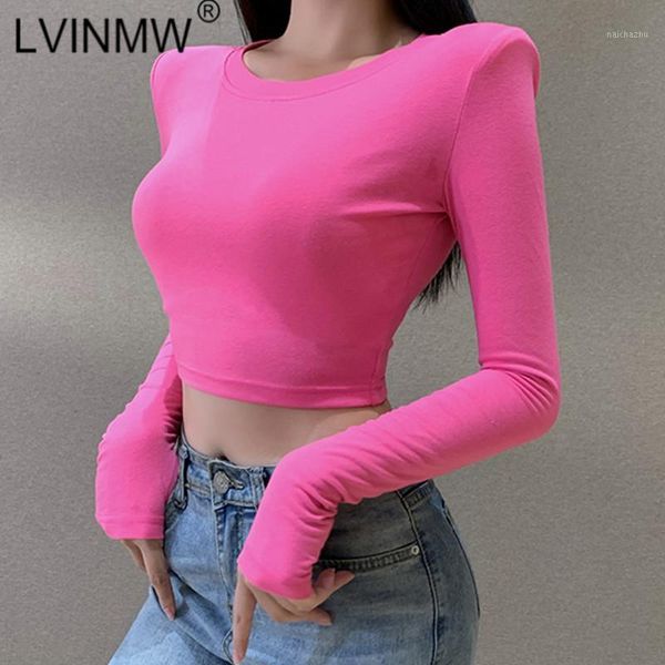 

lvinmw round neck long sleeve split navel padded crop woman thsirts solid slim basic simple casual streetwear1, White