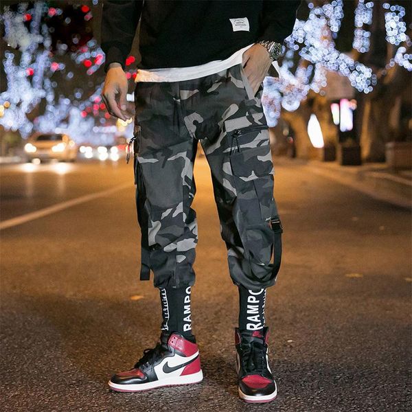 

men's pants camouflage letter ribbons cargo hip hop joggers retro men track casual trousers sport pockets sweatpants male streetwear, Black