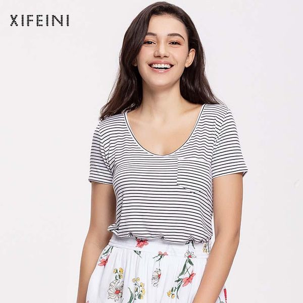 

xifeini plus size striped women female vintage tshirts v-neck short sleeves summer slim camiseta feminina with pockets1, White