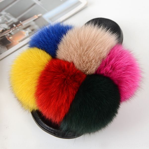 

8dhcd ins large fox hair ball new flat bottom household shoes women's wool ball slippers slippers color