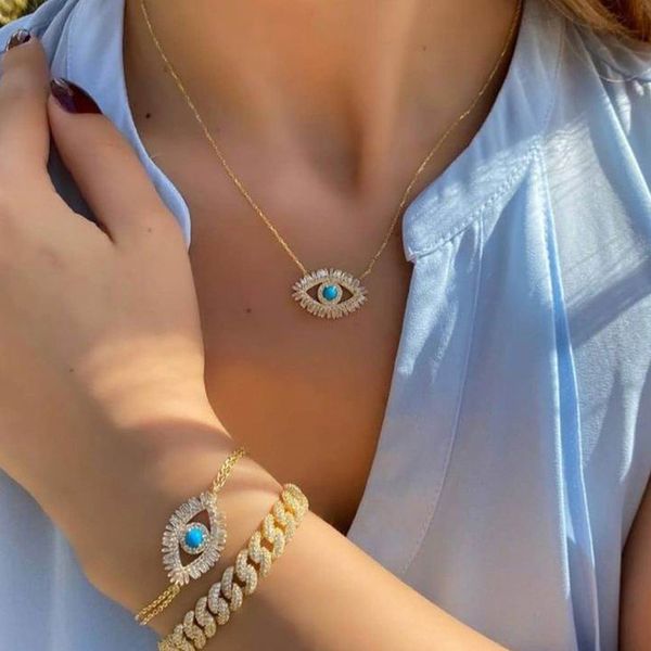 Trendy 18k Gold plattiert türkisch böse Augen Halskette Glücksmädchen Geschenke Baguette Kubikzirkonia türkis Geomstone Top -Qualität böser Augenschmuck