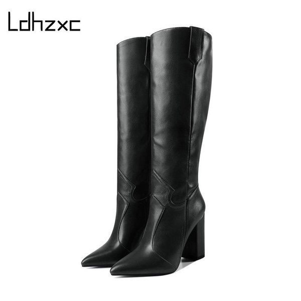 

ldhzxc band designer faux leather women knee high boots pointed toe boots women long chunky high heel black