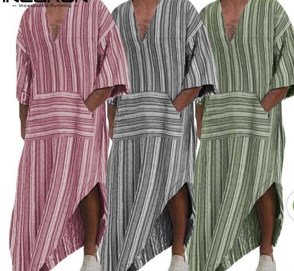 

incerun fashion muslim kaftan costume men chic stripe long sleeve robe casual v neck jubba thobe cotton mens long 1, Black;gray
