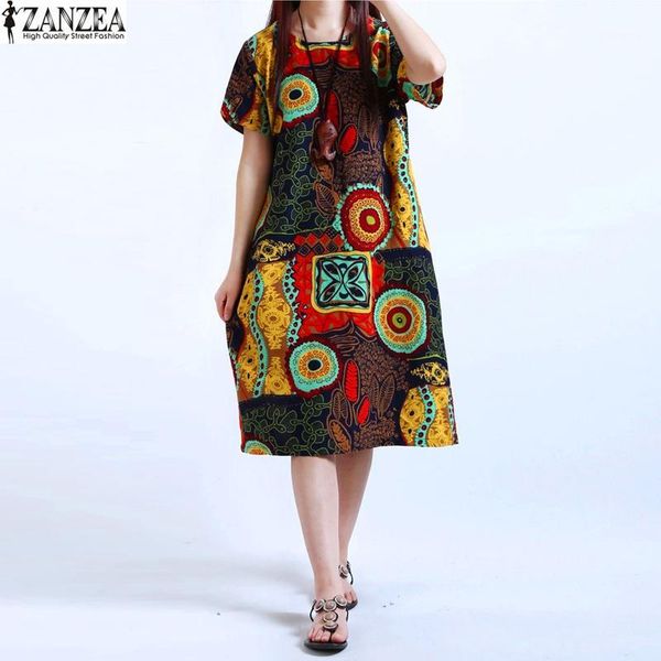 

2020 -5xl new zanzea womens o neck floral print short sleeve casual knee length dress baggy tunic kaftan vestido1, White;black