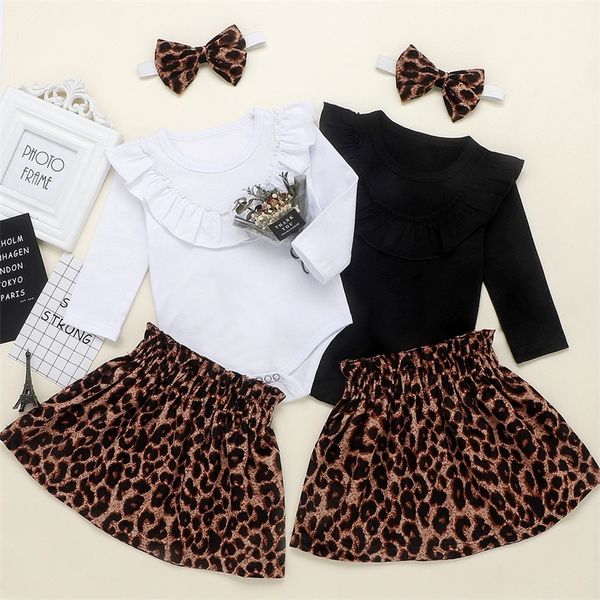 

newborn baby girl clothes sets ruffle romper+leopard tutu dress skirt+headband party outfit infant baby velvet dresses sets y200803, White