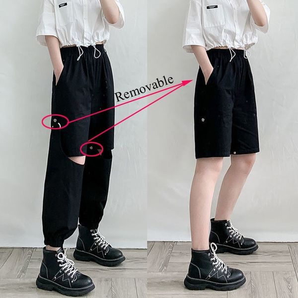 Mulheres moda buraco calças de carga removível duas maneiras de usar calças femininas casual cintura alta calças soltas 201031