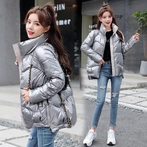 

women's down & parkas winter fashion bright surface women jacket cotton-padded clothes womens loose coat casual warm coats female, Black