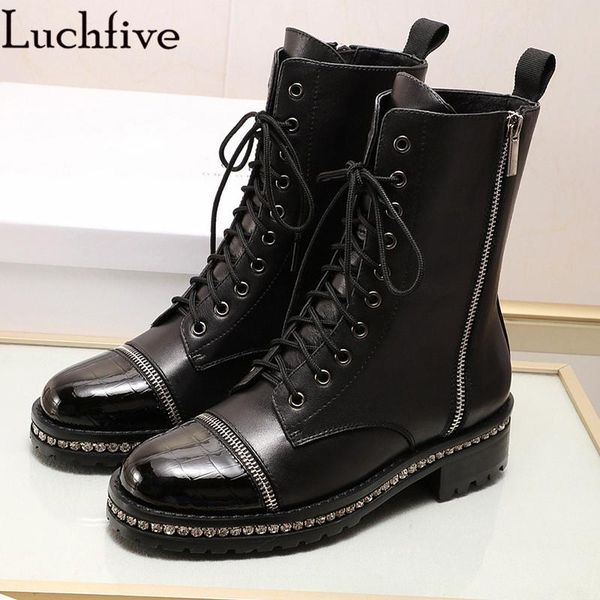 

boots rhinestones leather for women lace up femme round toe shoes woman zipper black white ankle