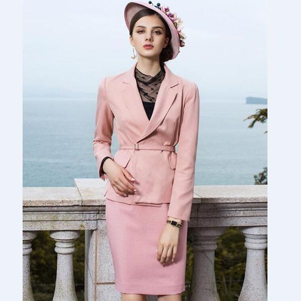 

two piece dress women skirt suits elegant office lady luxury fashion blazer with belt pencil slim business formal work wear 2 set, White