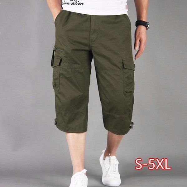 

2020 summer long length cargo shorts men knee pocket casual cotton elastic waist male style army, White;black