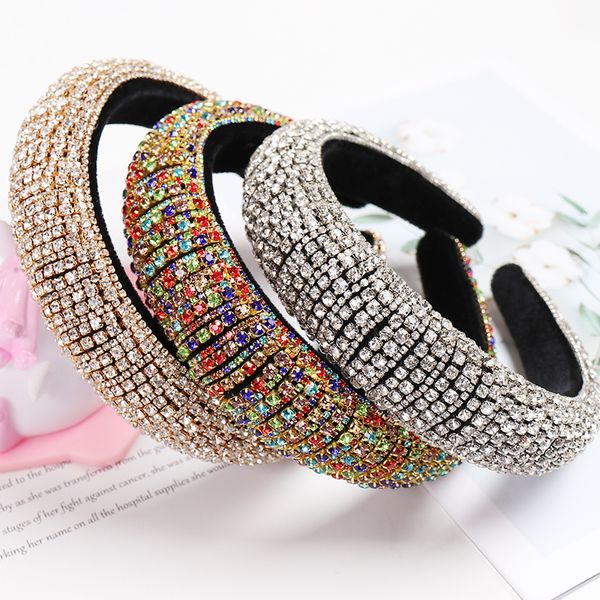 

rainbow rhinestone padded headbands for women girls luxury thick full diamond sponge hairbands women crystal hair accessories lj200903, Slivery;white