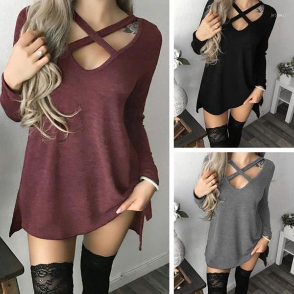 

2020 european american fall/winter fashion new cross v-neck solid color versatile long-sleeved t-shirt female polyester1, White