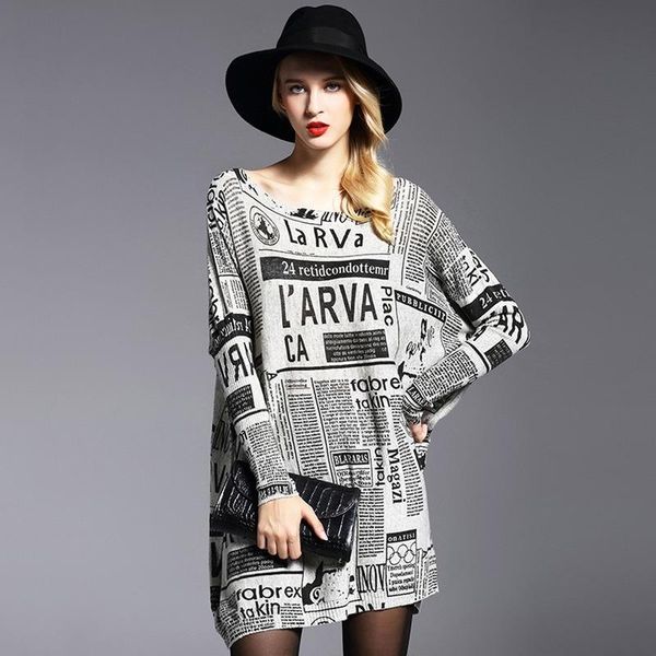 

women's sweaters lugentolo swearter dress women fall fashion spaper print loose pullovers o-neck flat knitted batwing sleeve, White;black