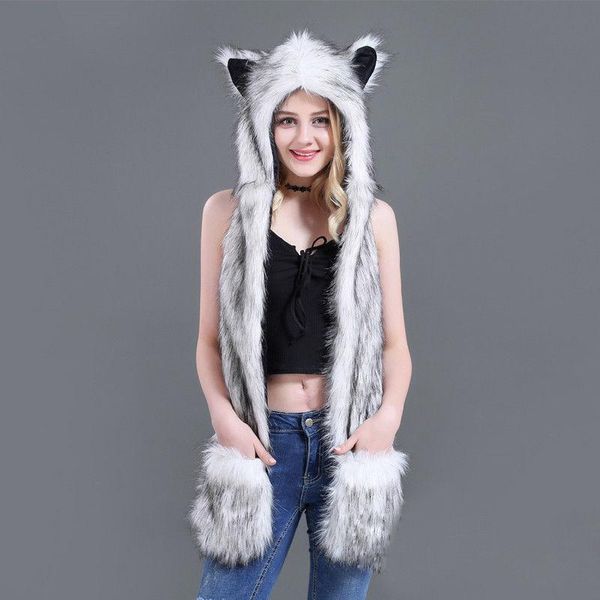 

10 styles faux fur hood animal hat ear flaps hand pockets 3 in1 animal hat wolf plush warm earmuff cap with scarf gloves, Blue;gray